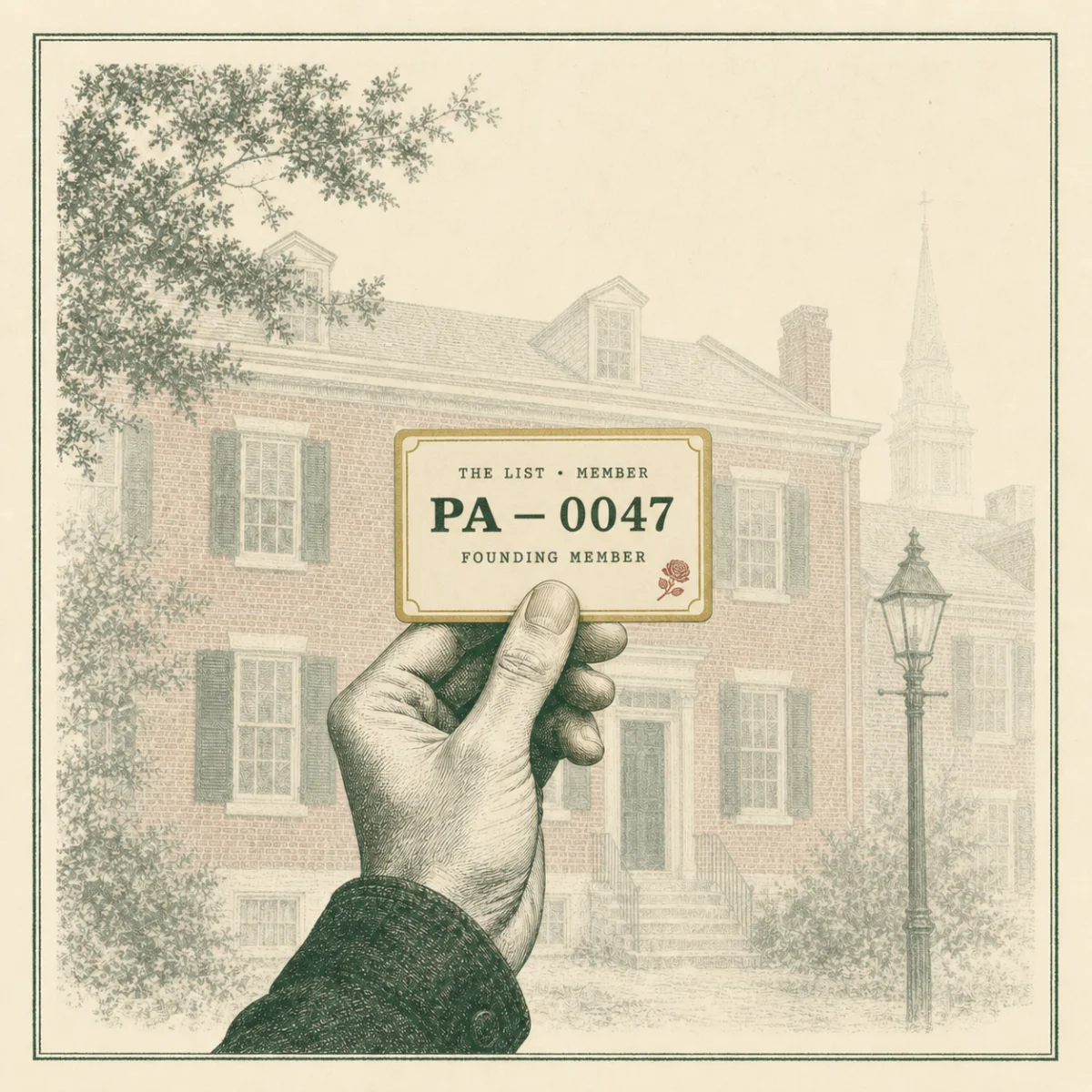 Engraved hand holding a Founding Member card in front of a Lancaster rowhouse